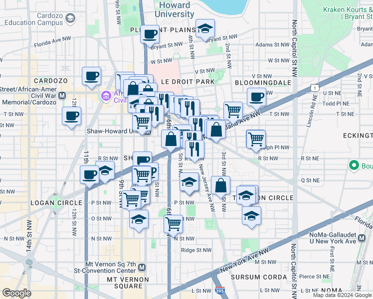 map of restaurants, bars, coffee shops, grocery stores, and more near 440 Rhode Island Avenue Northwest in Washington