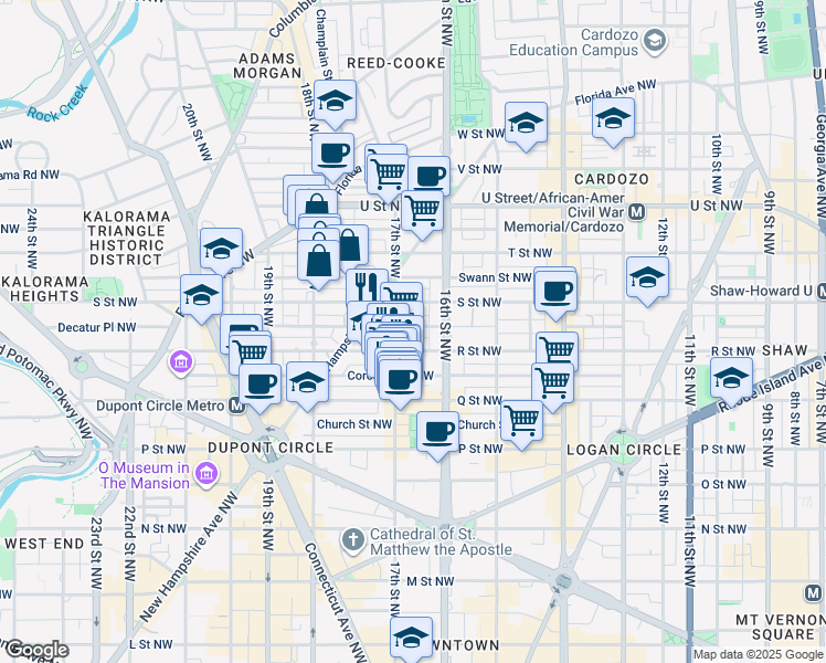 map of restaurants, bars, coffee shops, grocery stores, and more near 1626 Riggs Place Northwest in Washington