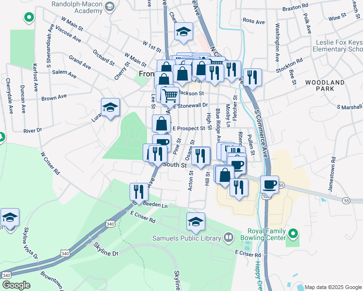 map of restaurants, bars, coffee shops, grocery stores, and more near 341 Osage Street in Front Royal