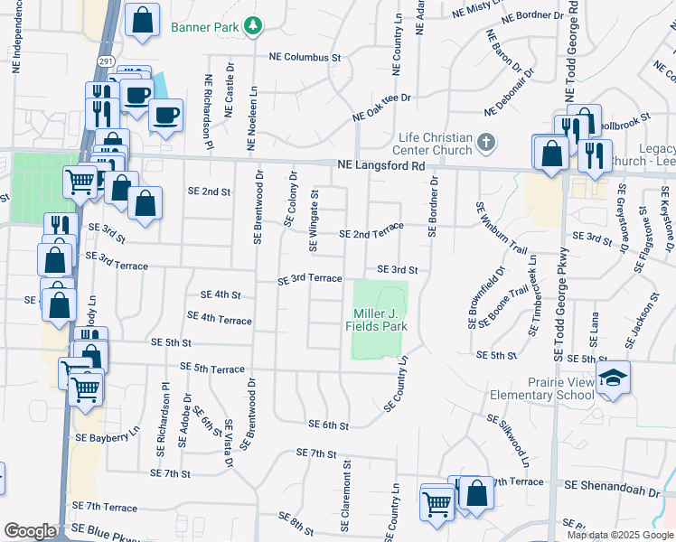map of restaurants, bars, coffee shops, grocery stores, and more near 1214 Southeast 3rd Terrace in Lee's Summit