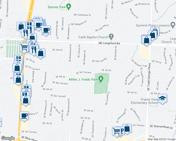 map of restaurants, bars, coffee shops, grocery stores, and more near 1214 Southeast 3rd Terrace in Lee's Summit
