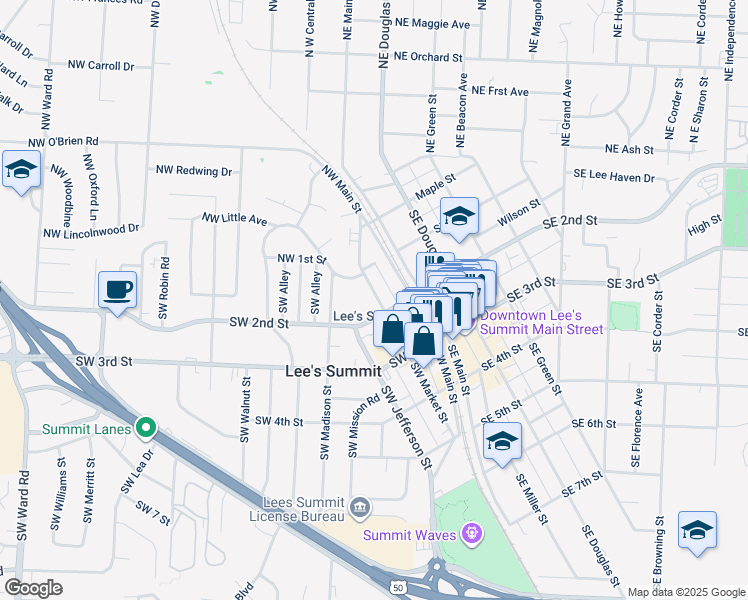 map of restaurants, bars, coffee shops, grocery stores, and more near 6 Southwest 2nd Street in Lee's Summit
