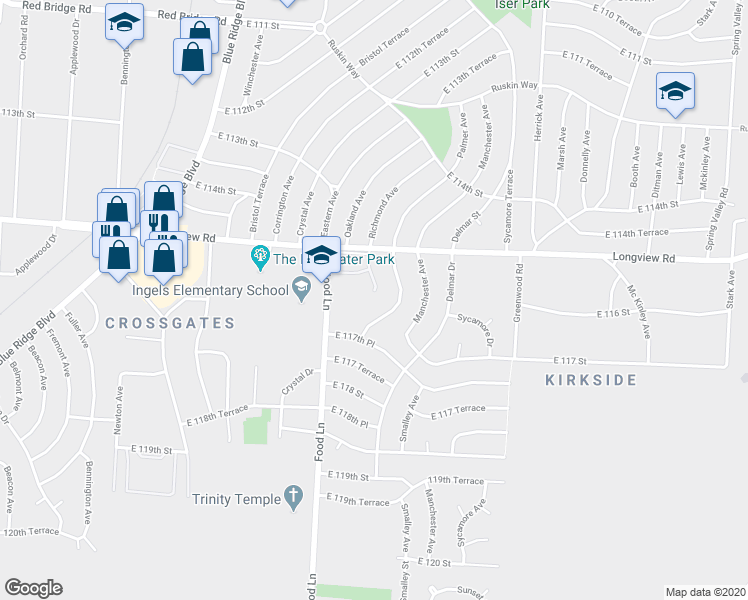 map of restaurants, bars, coffee shops, grocery stores, and more near 11608 Palmer Avenue in Kansas City