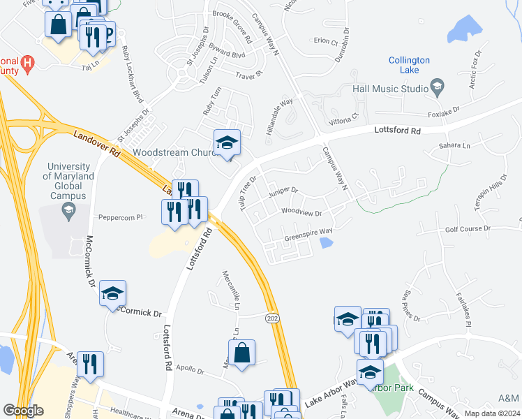 map of restaurants, bars, coffee shops, grocery stores, and more near 1706 Spanish Oak Lane in Bowie