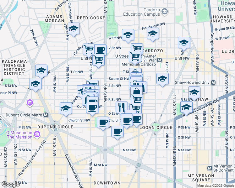 map of restaurants, bars, coffee shops, grocery stores, and more near 1716 15th Street Northwest in Washington
