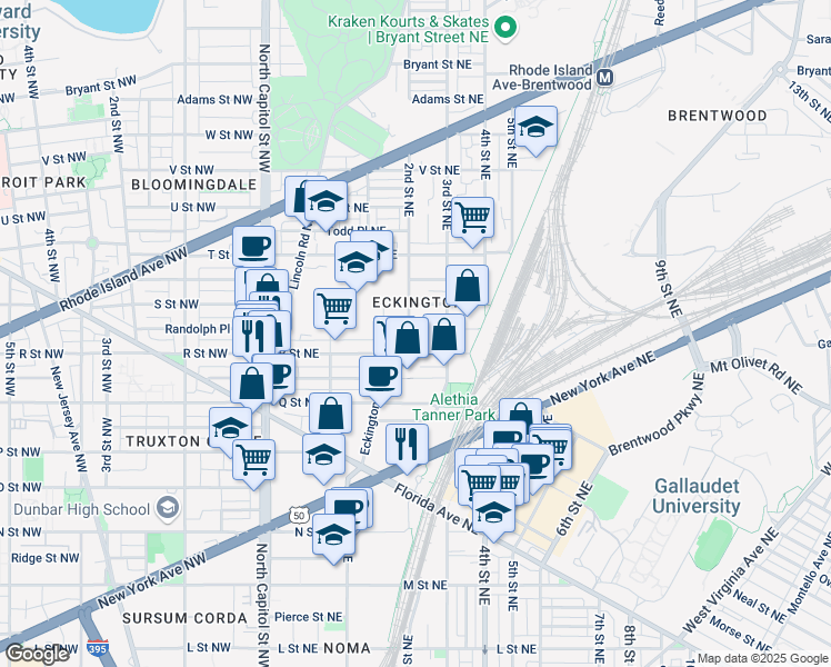 map of restaurants, bars, coffee shops, grocery stores, and more near 1715 2nd Street Northeast in Washington