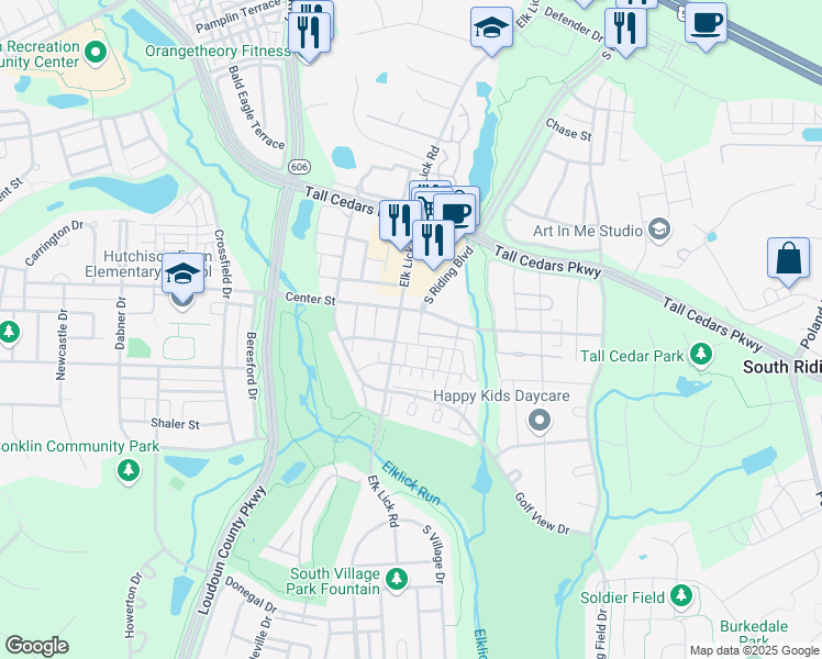 map of restaurants, bars, coffee shops, grocery stores, and more near 43055 Center Street in Chantilly