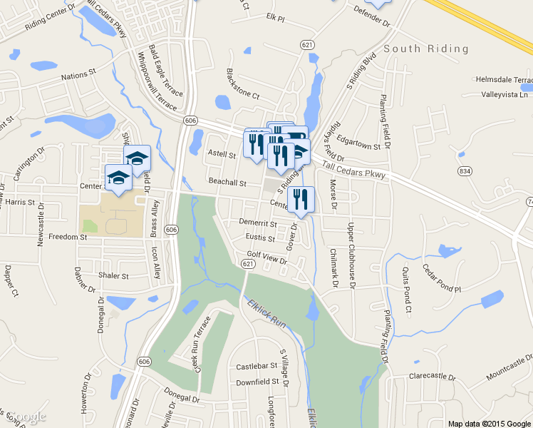 map of restaurants, bars, coffee shops, grocery stores, and more near 43055 Center Street in Chantilly