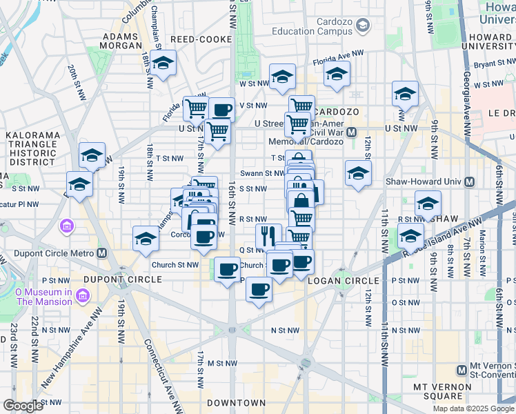 map of restaurants, bars, coffee shops, grocery stores, and more near 1716 15th Street Northwest in Washington