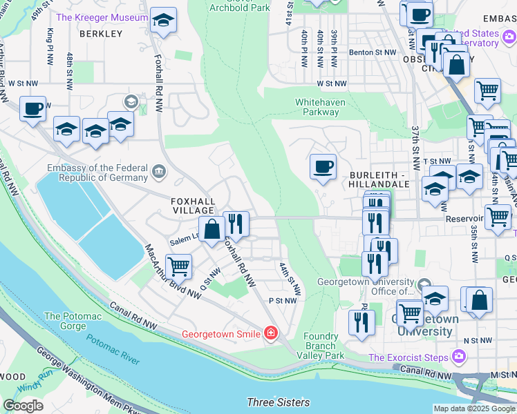 map of restaurants, bars, coffee shops, grocery stores, and more near 1705 Hoban Road Northwest in Washington