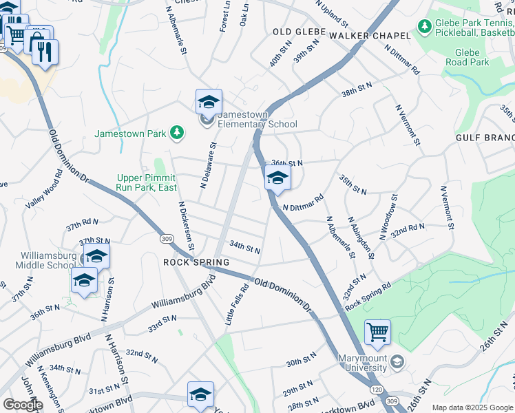 map of restaurants, bars, coffee shops, grocery stores, and more near 4863 35th Road North in Arlington