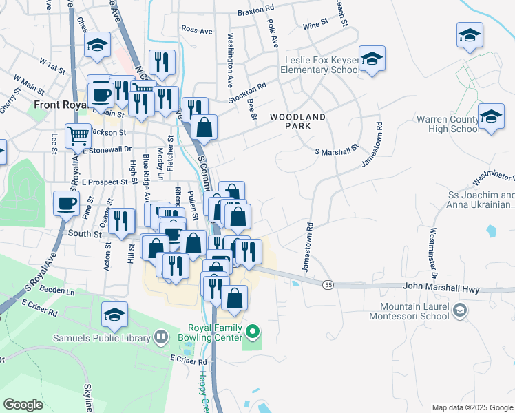 map of restaurants, bars, coffee shops, grocery stores, and more near 103 High Field Lane in Front Royal