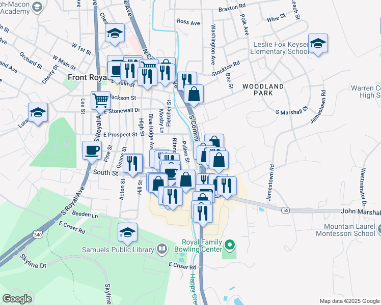 map of restaurants, bars, coffee shops, grocery stores, and more near 317 Front Street in Front Royal
