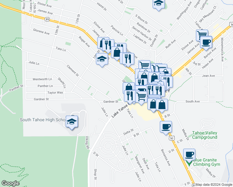 map of restaurants, bars, coffee shops, grocery stores, and more near 948 Tata Lane in South Lake Tahoe