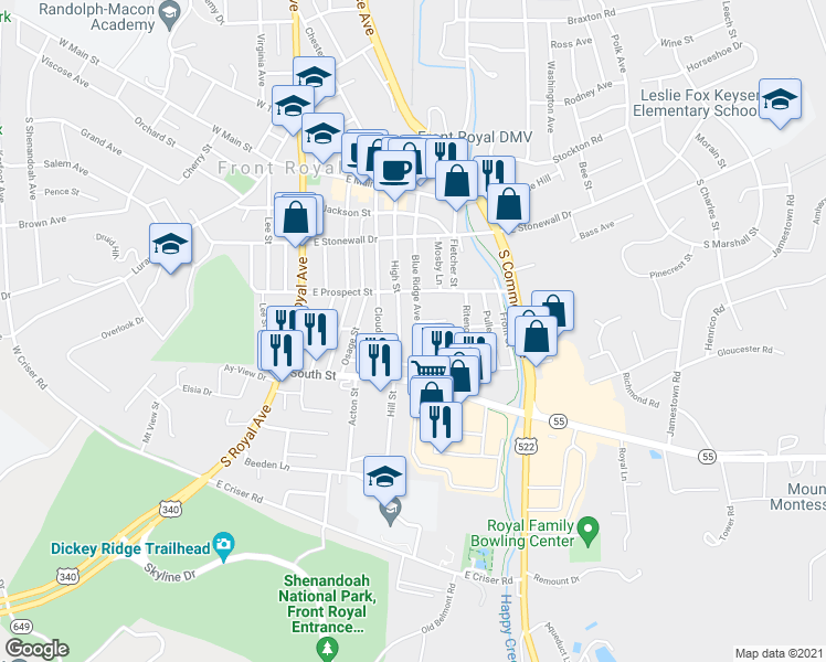 map of restaurants, bars, coffee shops, grocery stores, and more near 329 Blue Ridge Avenue in Front Royal
