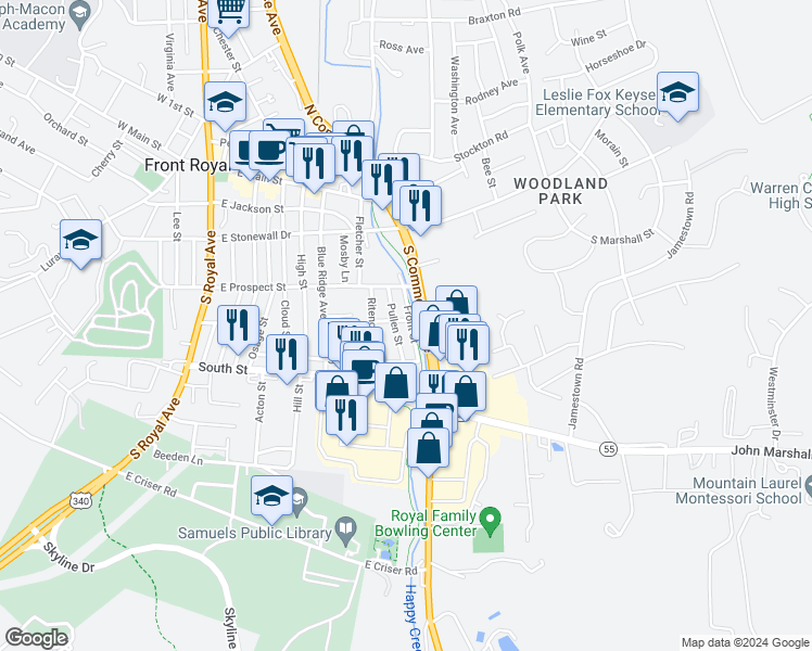 map of restaurants, bars, coffee shops, grocery stores, and more near 317 Front Street in Front Royal