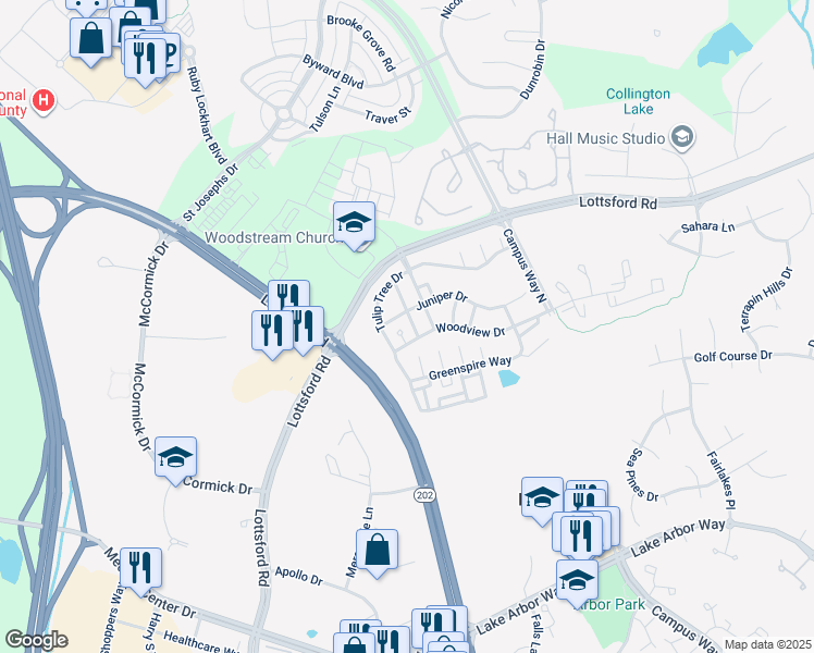 map of restaurants, bars, coffee shops, grocery stores, and more near 1706 Spanish Oak Lane in Bowie