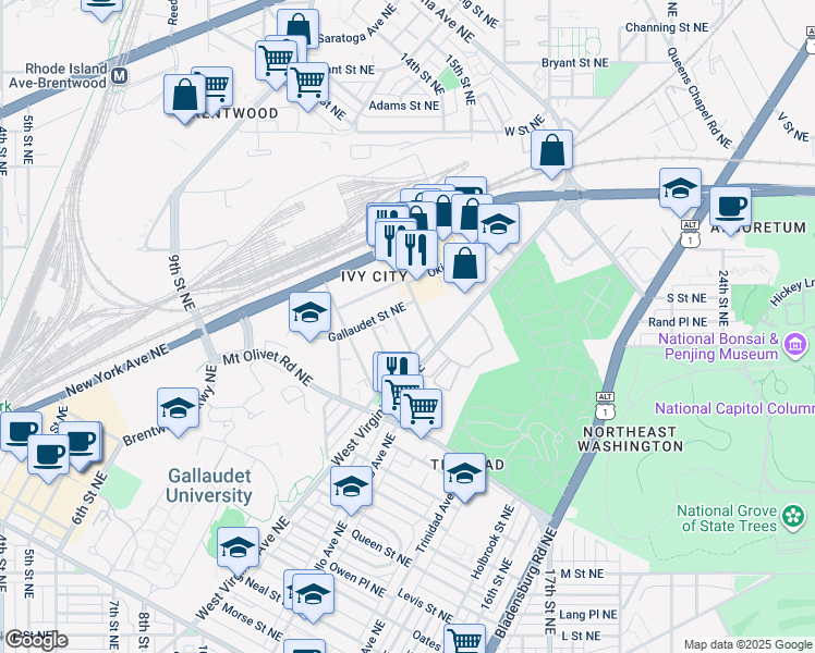 map of restaurants, bars, coffee shops, grocery stores, and more near 1831 Providence Street Northeast in Washington