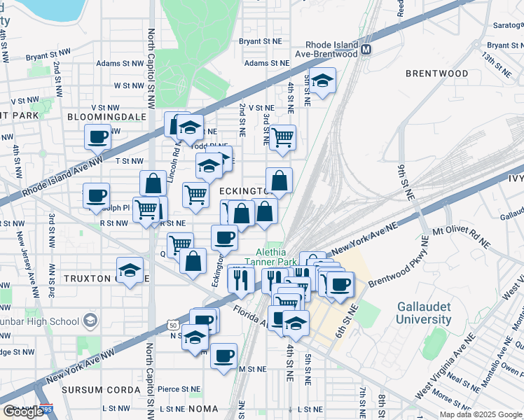 map of restaurants, bars, coffee shops, grocery stores, and more near 1716 3rd Street Northeast in Washington
