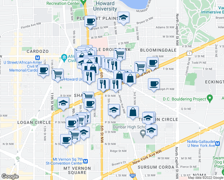 map of restaurants, bars, coffee shops, grocery stores, and more near 440 Rhode Island Avenue Northwest in Washington