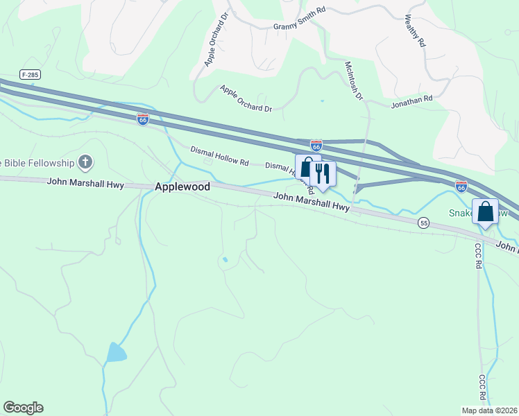 map of restaurants, bars, coffee shops, grocery stores, and more near 33 Keyser Wood Lane in Front Royal