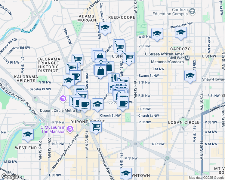 map of restaurants, bars, coffee shops, grocery stores, and more near 1725 New Hampshire Avenue Northwest in Washington