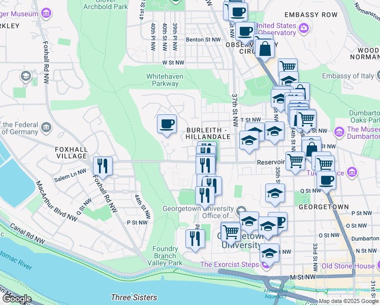 map of restaurants, bars, coffee shops, grocery stores, and more near 3927 Georgetown Court Northwest in Washington
