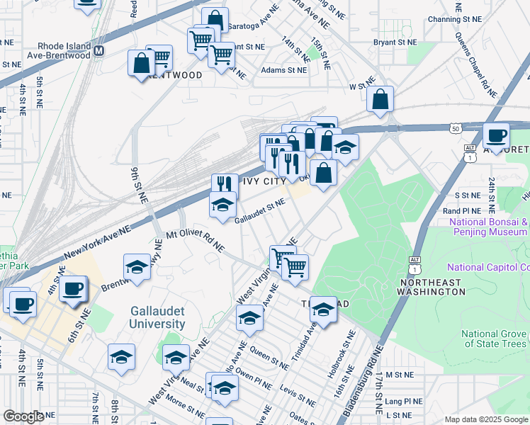 map of restaurants, bars, coffee shops, grocery stores, and more near 1901 Gallaudet Street Northeast in Washington