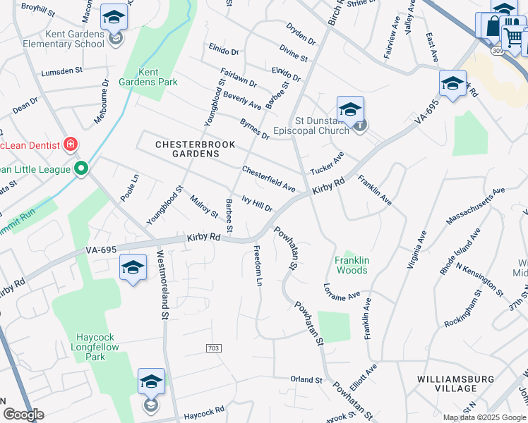 map of restaurants, bars, coffee shops, grocery stores, and more near 6513 Ivy Hill Drive in McLean