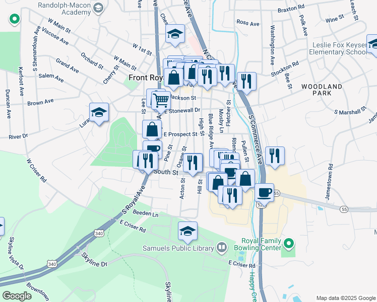 map of restaurants, bars, coffee shops, grocery stores, and more near 332 Osage Street in Front Royal