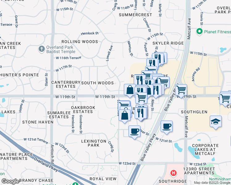 map of restaurants, bars, coffee shops, grocery stores, and more near in Overland Park