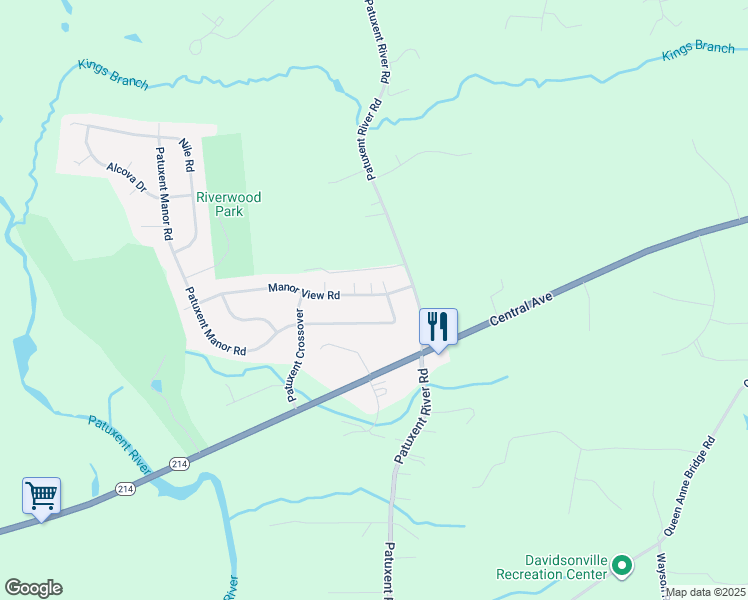 map of restaurants, bars, coffee shops, grocery stores, and more near 1501 Manor View Road in Davidsonville