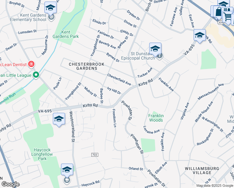 map of restaurants, bars, coffee shops, grocery stores, and more near 6513 Ivy Hill Drive in McLean