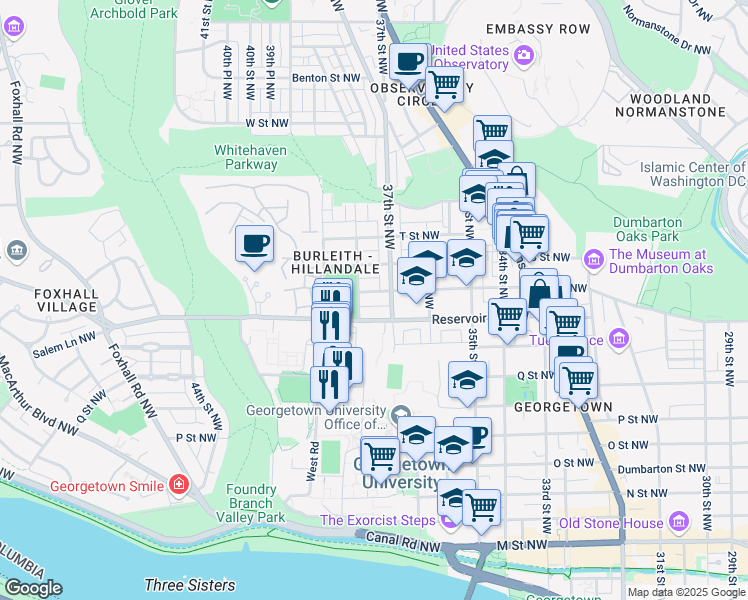 map of restaurants, bars, coffee shops, grocery stores, and more near 3720 R Street Northwest in Washington