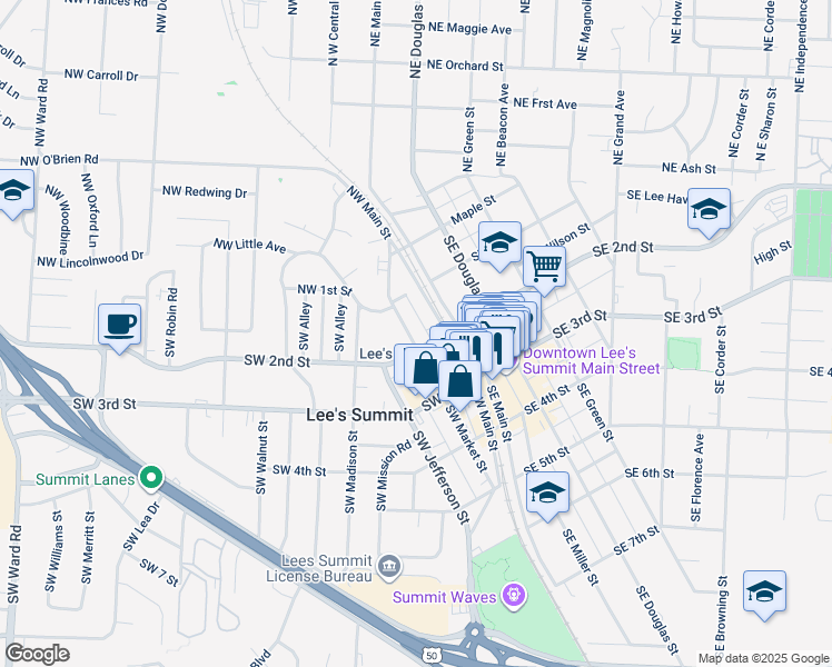 map of restaurants, bars, coffee shops, grocery stores, and more near 6 Southwest 2nd Street in Lee's Summit
