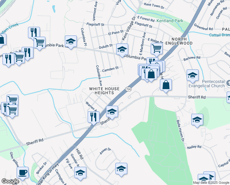 map of restaurants, bars, coffee shops, grocery stores, and more near 1812 Ryderwood Court in Greater Landover