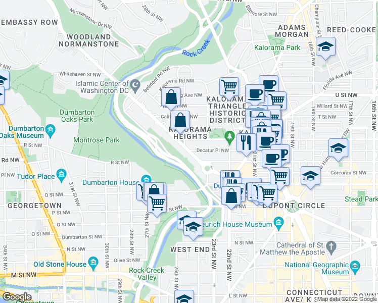 map of restaurants, bars, coffee shops, grocery stores, and more near Massachusetts Ave NW & Decatur Pl NW in Washington