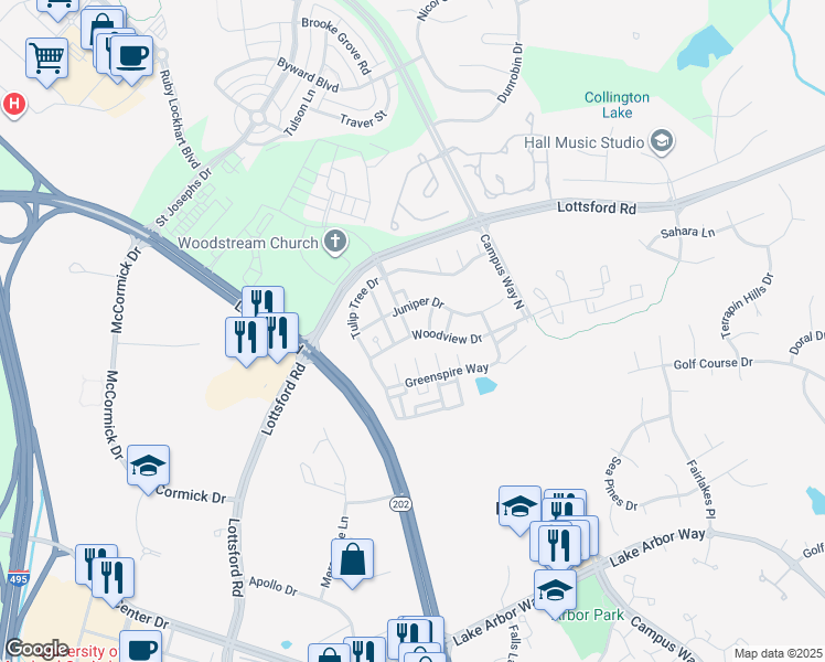 map of restaurants, bars, coffee shops, grocery stores, and more near 9900 Woodview Drive in Bowie