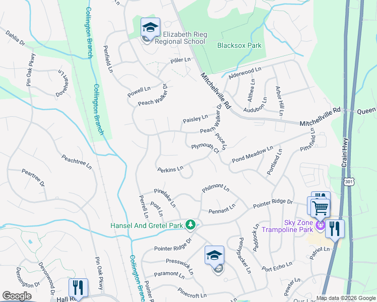 map of restaurants, bars, coffee shops, grocery stores, and more near 1822 Plymouth Court in Bowie