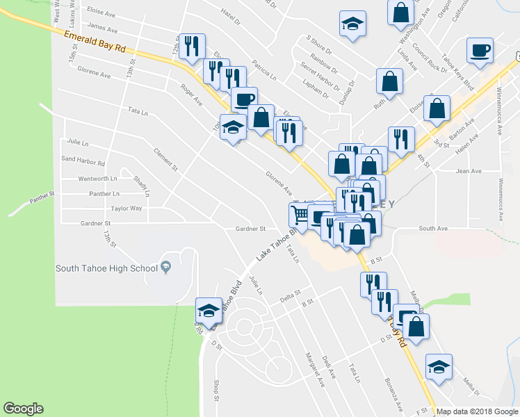 map of restaurants, bars, coffee shops, grocery stores, and more near 940 Tata Lane in South Lake Tahoe