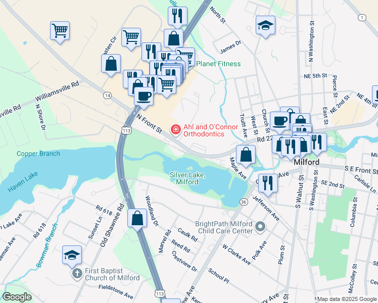 map of restaurants, bars, coffee shops, grocery stores, and more near 600 North Front Street in Milford