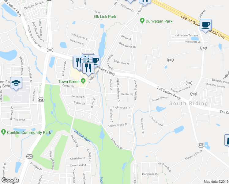 map of restaurants, bars, coffee shops, grocery stores, and more near 43188 Center Street in Chantilly