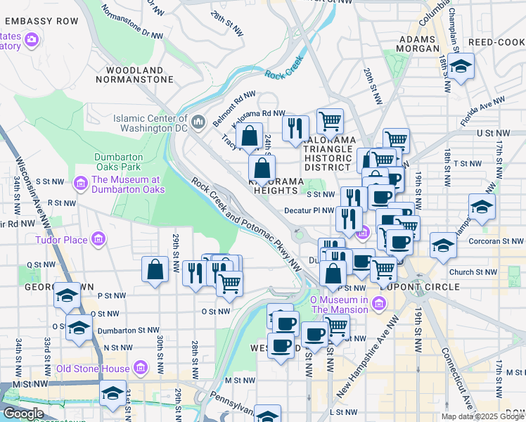 map of restaurants, bars, coffee shops, grocery stores, and more near 2374 Massachusetts Avenue Northwest in Washington