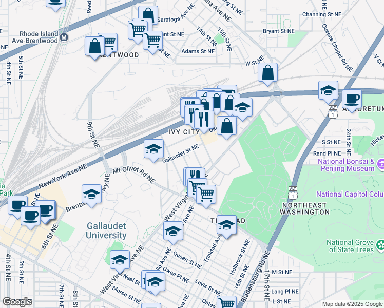 map of restaurants, bars, coffee shops, grocery stores, and more near 1850 Providence Street Northeast in Washington