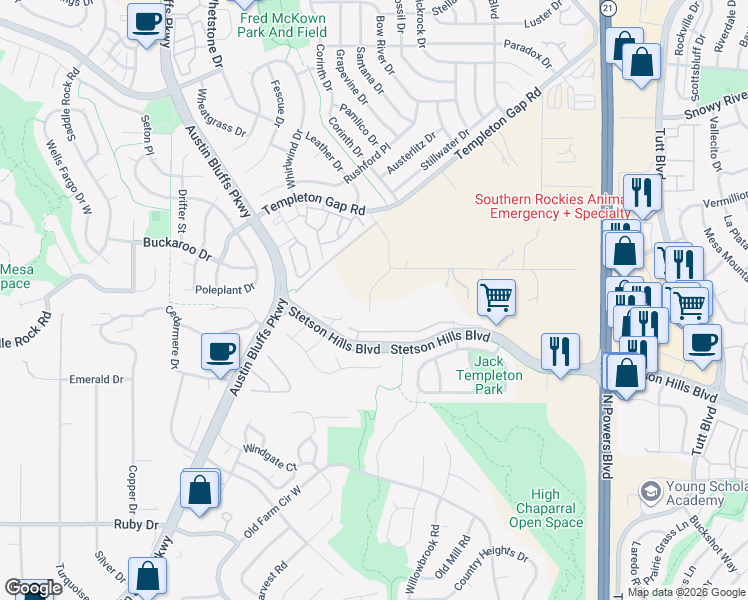 map of restaurants, bars, coffee shops, grocery stores, and more near 5305 Appaloosa Drive in Colorado Springs