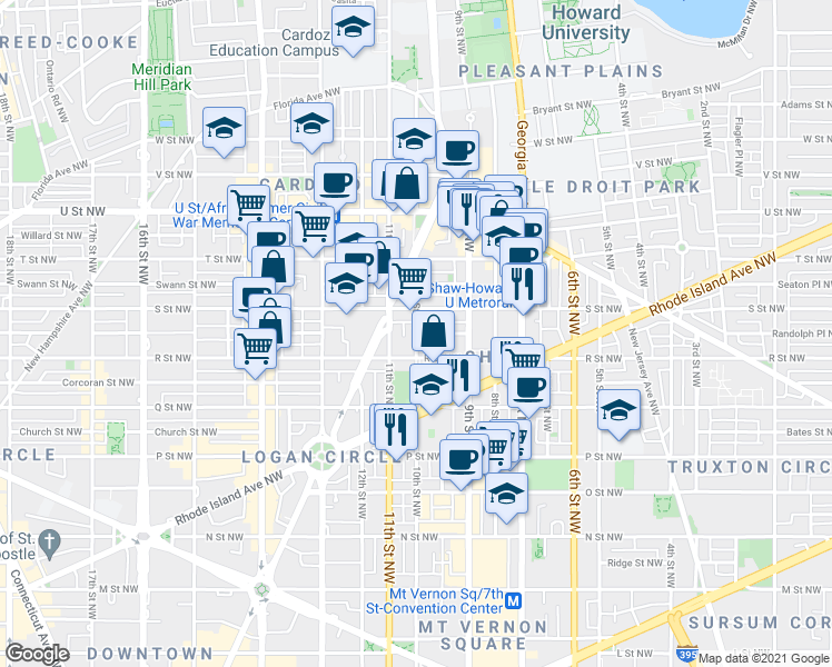 map of restaurants, bars, coffee shops, grocery stores, and more near 10th St NW & French St NW in Washington