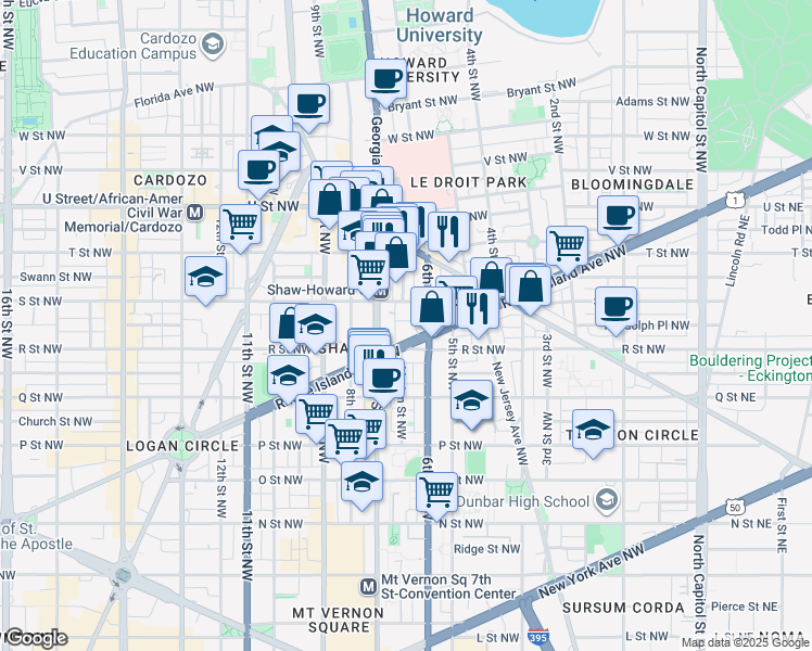 map of restaurants, bars, coffee shops, grocery stores, and more near 101 Independence Avenue Southeast in Washington