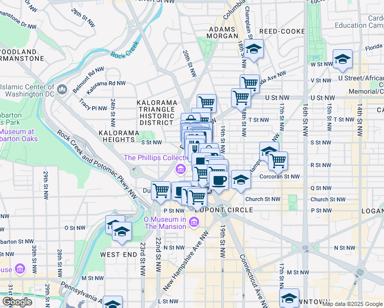 map of restaurants, bars, coffee shops, grocery stores, and more near 1722 Connecticut Avenue Northwest in Washington