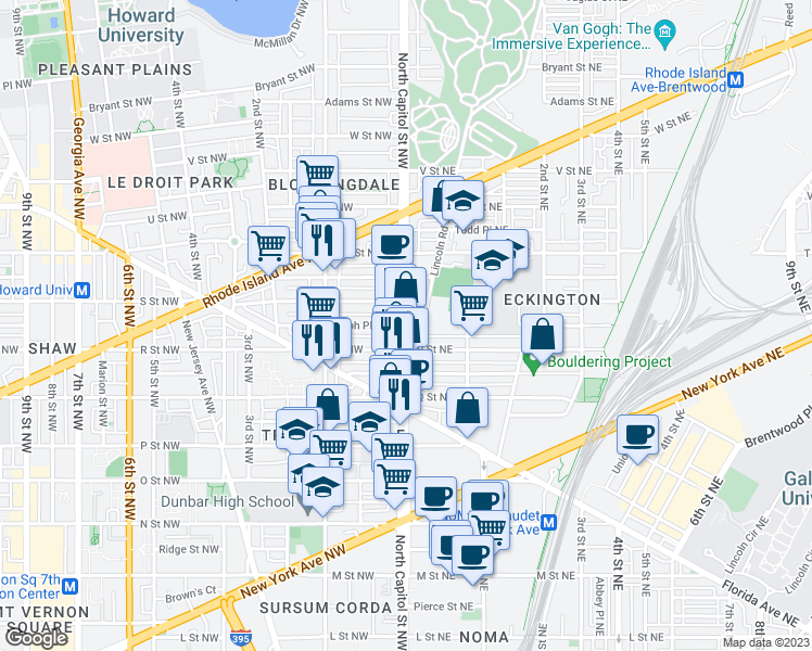 map of restaurants, bars, coffee shops, grocery stores, and more near North Capitol St NE & Randolph Pl NE in Washington