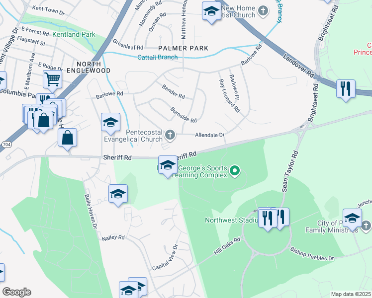 map of restaurants, bars, coffee shops, grocery stores, and more near 7880 Sheriff Road in Hyattsville